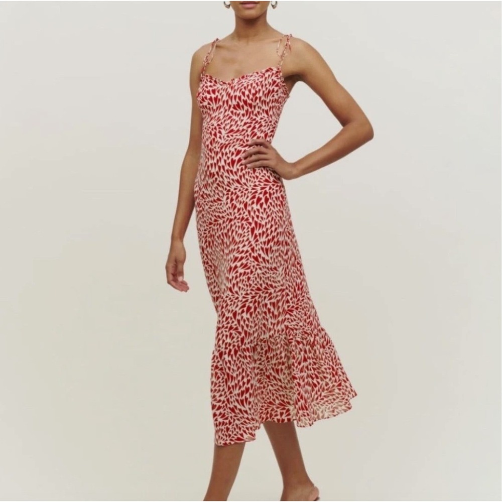Reformation Red Heart Print Smocked Midi Dress Size 6 Cottagecore Romantic Chic